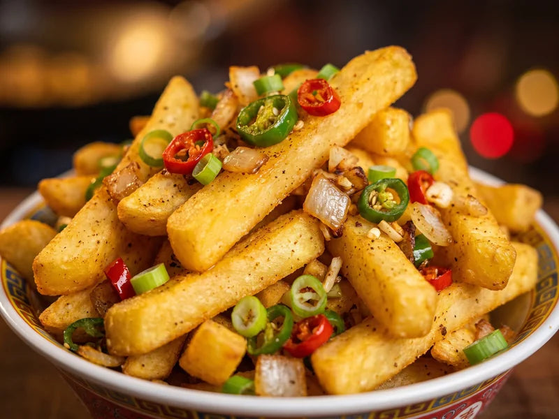 Salt and pepper chips with chilli and spring onion